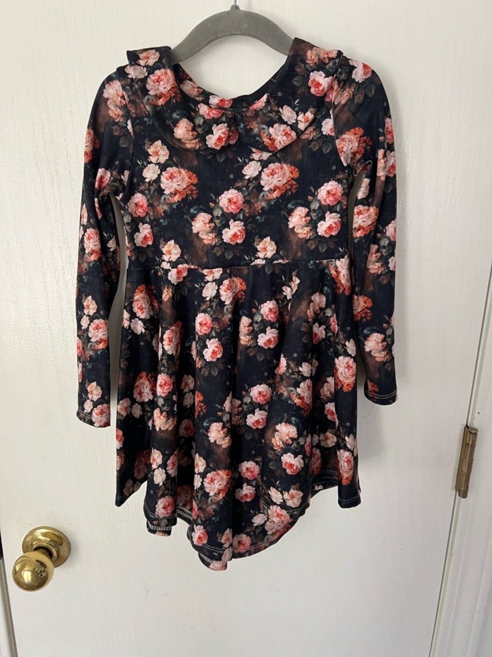 Long Sleeve Black Watercolor Oil Painting Floral Dress Peter Pan Collar, 3T